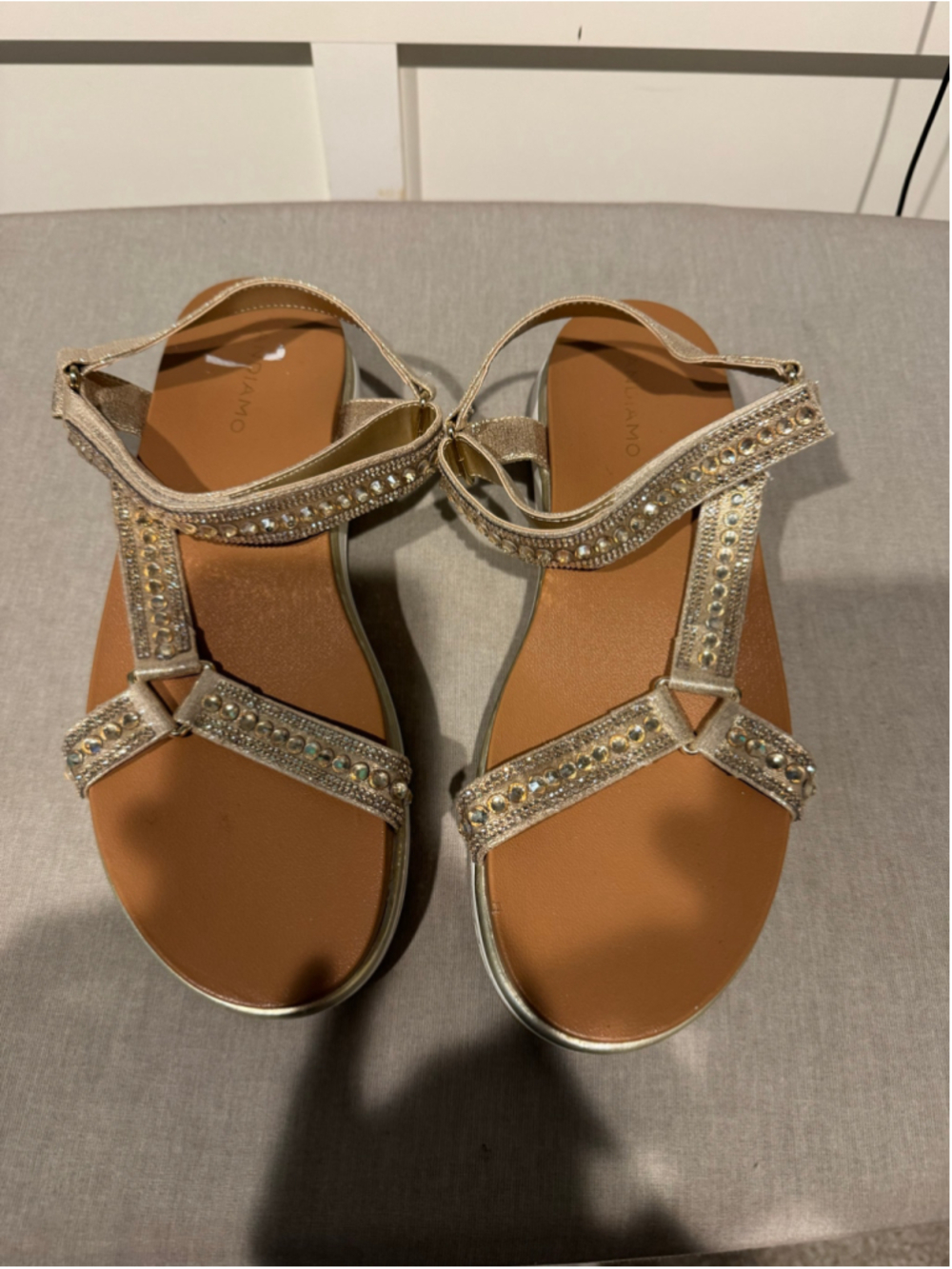 Women's Andiamo Gold Rhinestone Adjustable Low Platform Sandals 11M